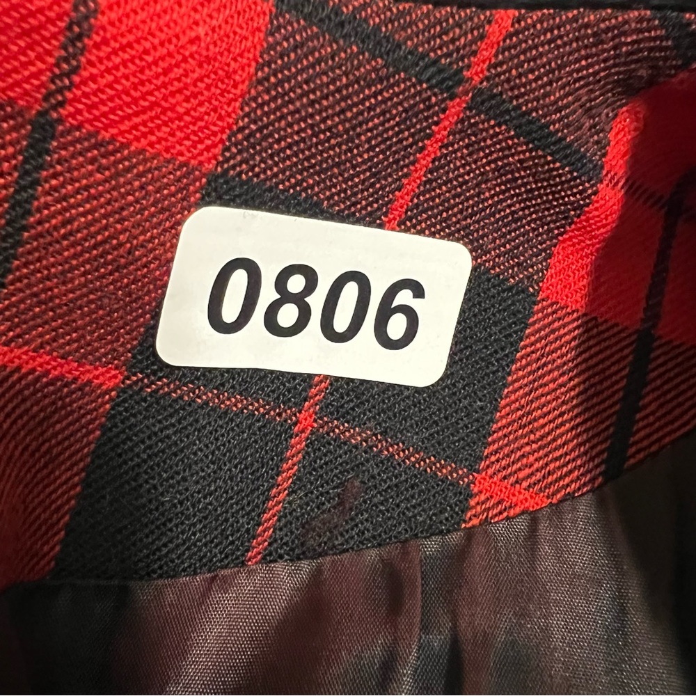 Vintage 80s Plaid Red Black Wool Blazer Leather Collar Satin Button Pristine - Picture 10 of 10